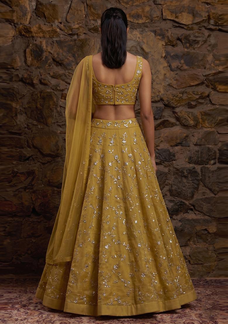 Mustard Embroidered Organza Lehenga Set - Indya