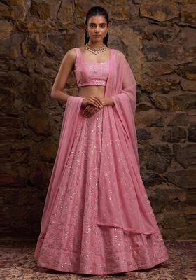 Pink Embroidered Organza Lehenga Set