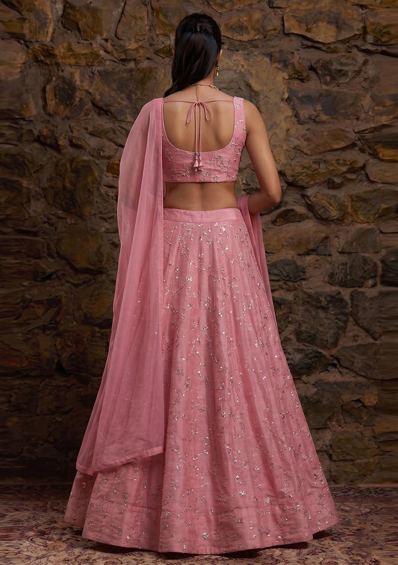 Pink Embroidered Organza Lehenga Set - Indya