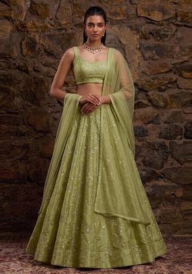 Olive Green Embroidered Organza Lehenga Set