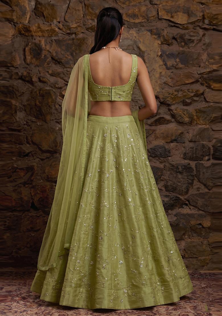 Olive Green Embroidered Organza Lehenga Set - Indya