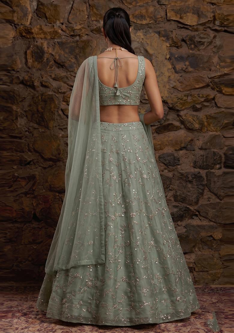 Sage Green Embroidered Organza Lehenga Set - Indya