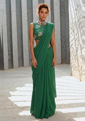Emerald Green Embroidered Organza Pre Draped Saree Set
