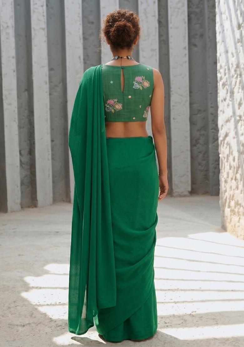 Emerald Green Embroidered Organza Pre Draped Saree Set - Indya
