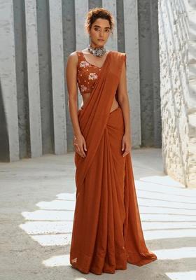 Rust Orange Embroidered Organza Pre Draped Saree Set