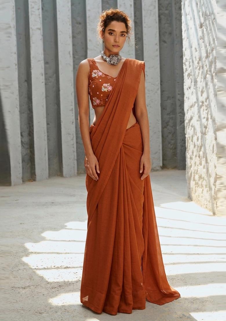 Rust Orange Embroidered Organza Pre Draped Saree Set - Indya