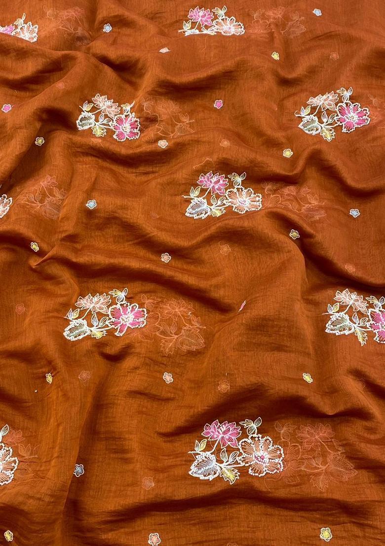 Rust Orange Embroidered Organza Pre Draped Saree Set - Indya