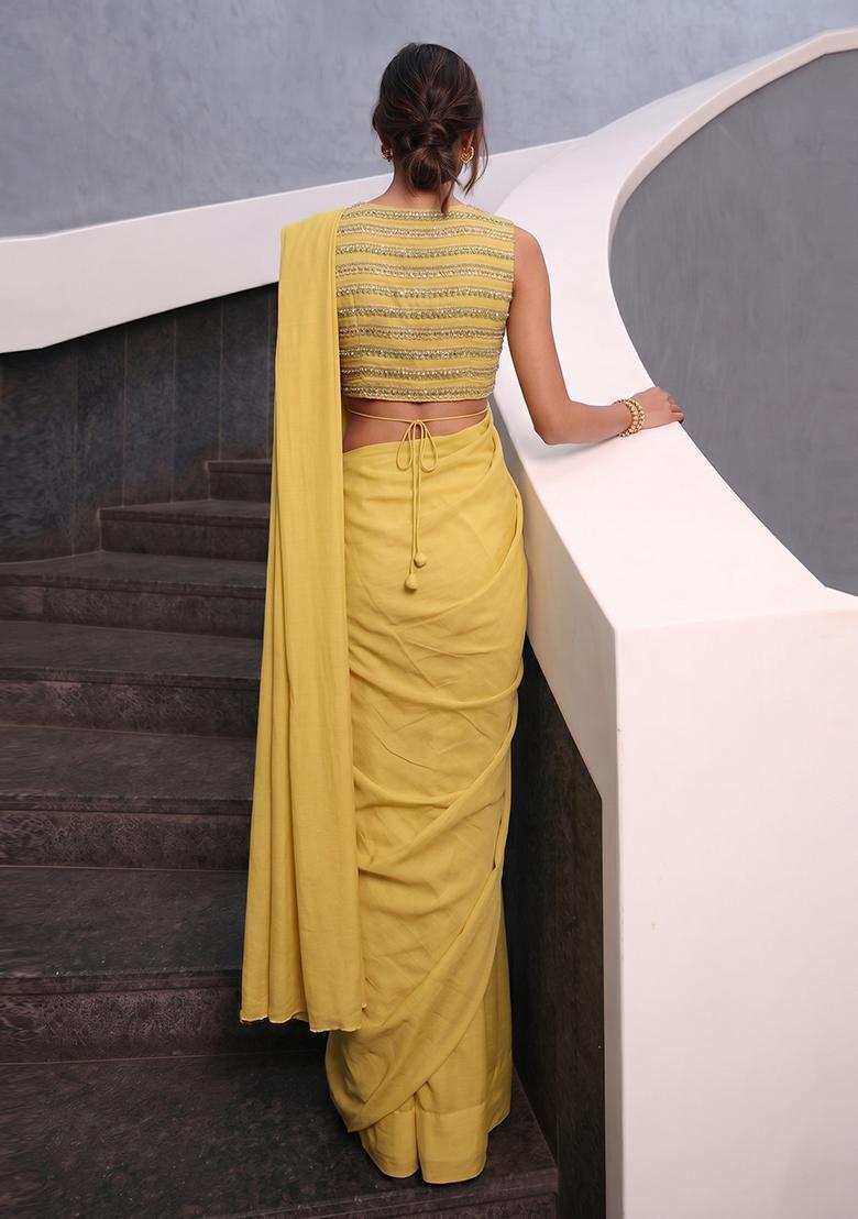 Mustard Sequin Silk Blend Pre Draped Saree Set - Indya