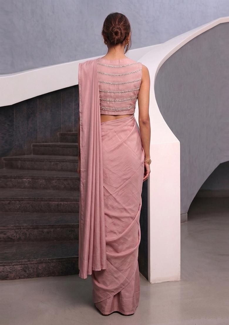 Dusty Pink Sequin Silk Blend Pre Draped Saree Set - Indya