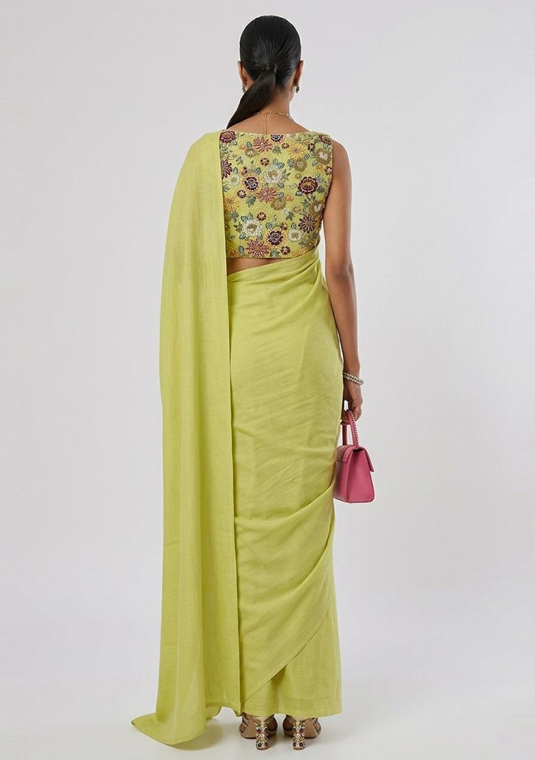 Lime Green Embroidered Tissue Pre Draped Saree Set - Indya