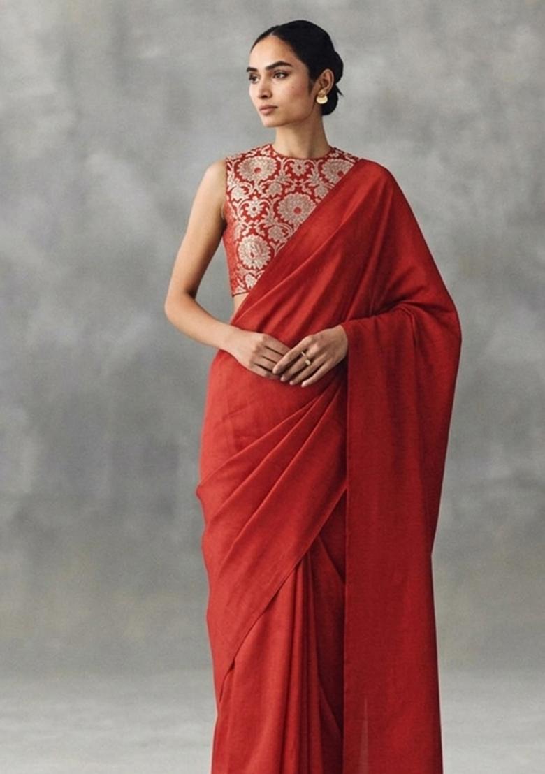 Red Silk Blend Pre Draped Saree Set - Indya