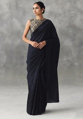 Black Silk Blend Pre Draped Saree Set