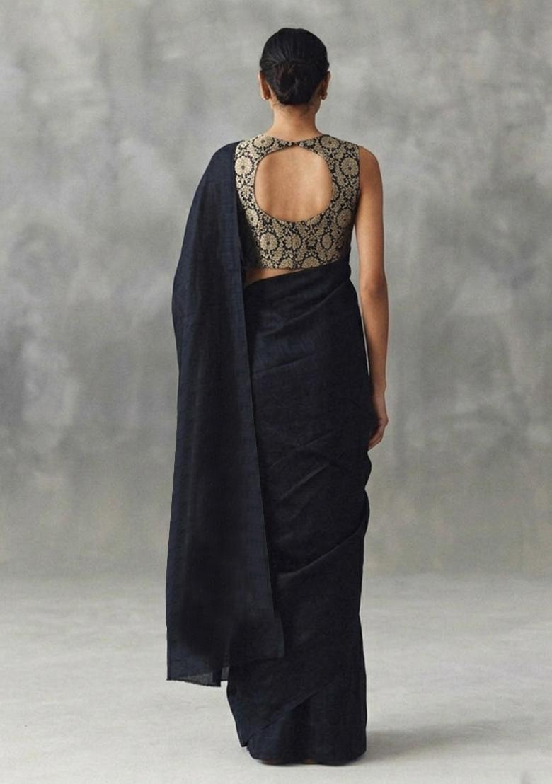 Black Silk Blend Pre Draped Saree Set - Indya