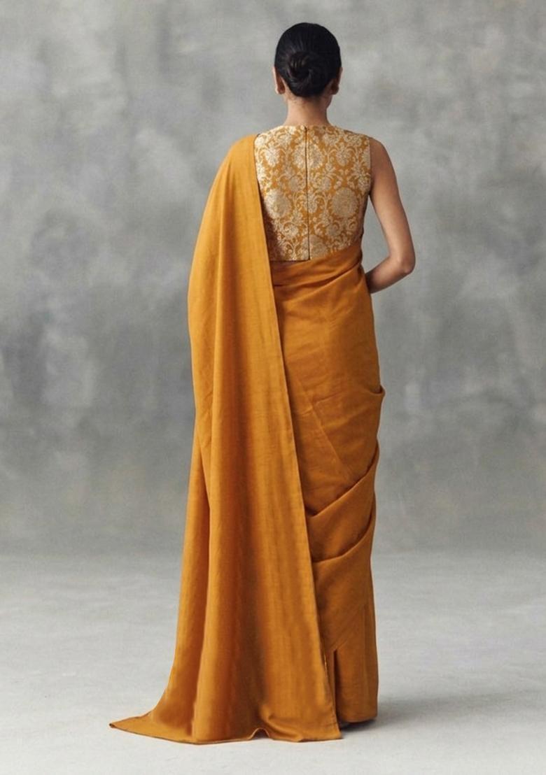 Mustard Silk Blend Pre Draped Saree Set - Indya