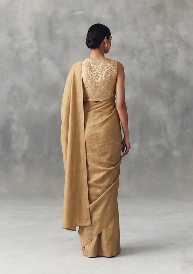 Gold Silk Blend Pre Draped Saree Set - Indya