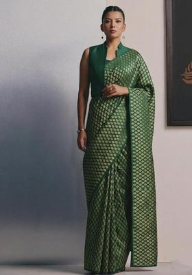 Emerald Green Brocade Pre Draped Saree Set