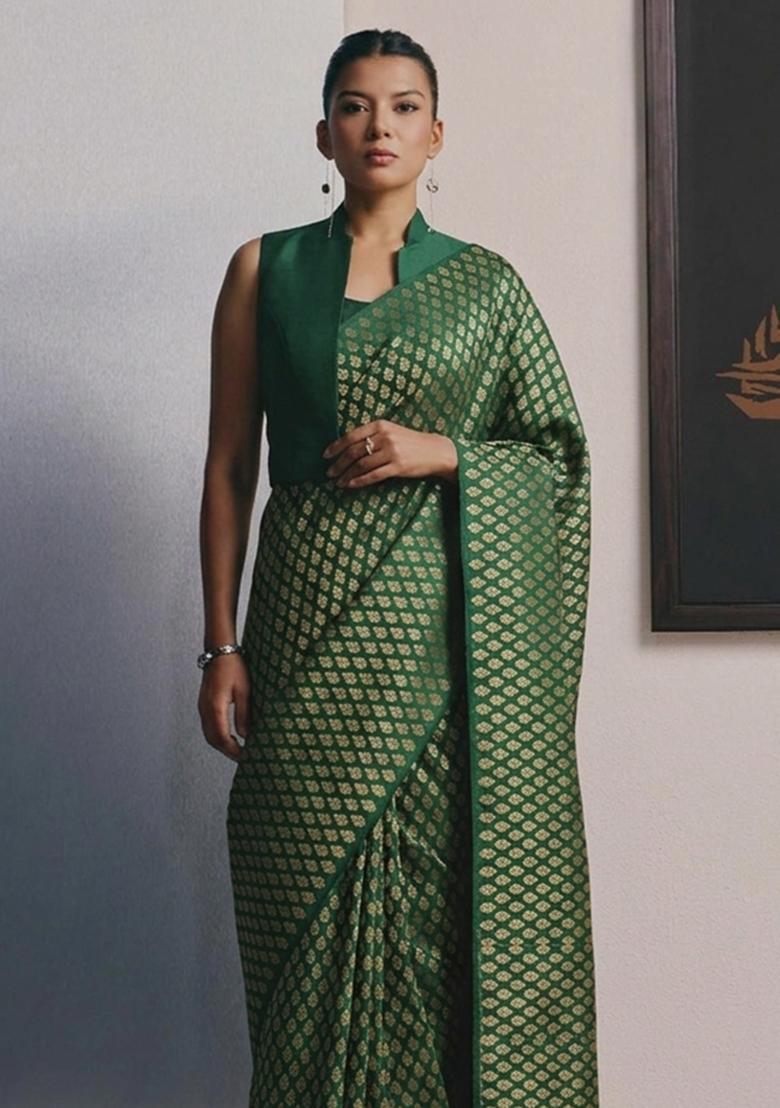Emerald Green Brocade Pre Draped Saree Set - Indya