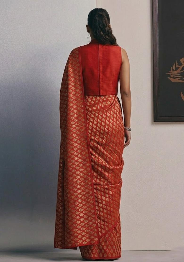 Red Brocade Pre Draped Saree Set - Indya