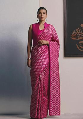 Magenta Brocade Pre Draped Saree Set