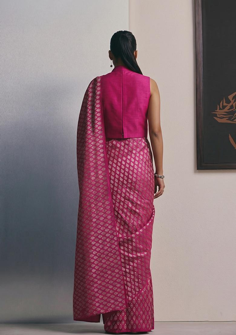 Magenta Brocade Pre Draped Saree Set - Indya