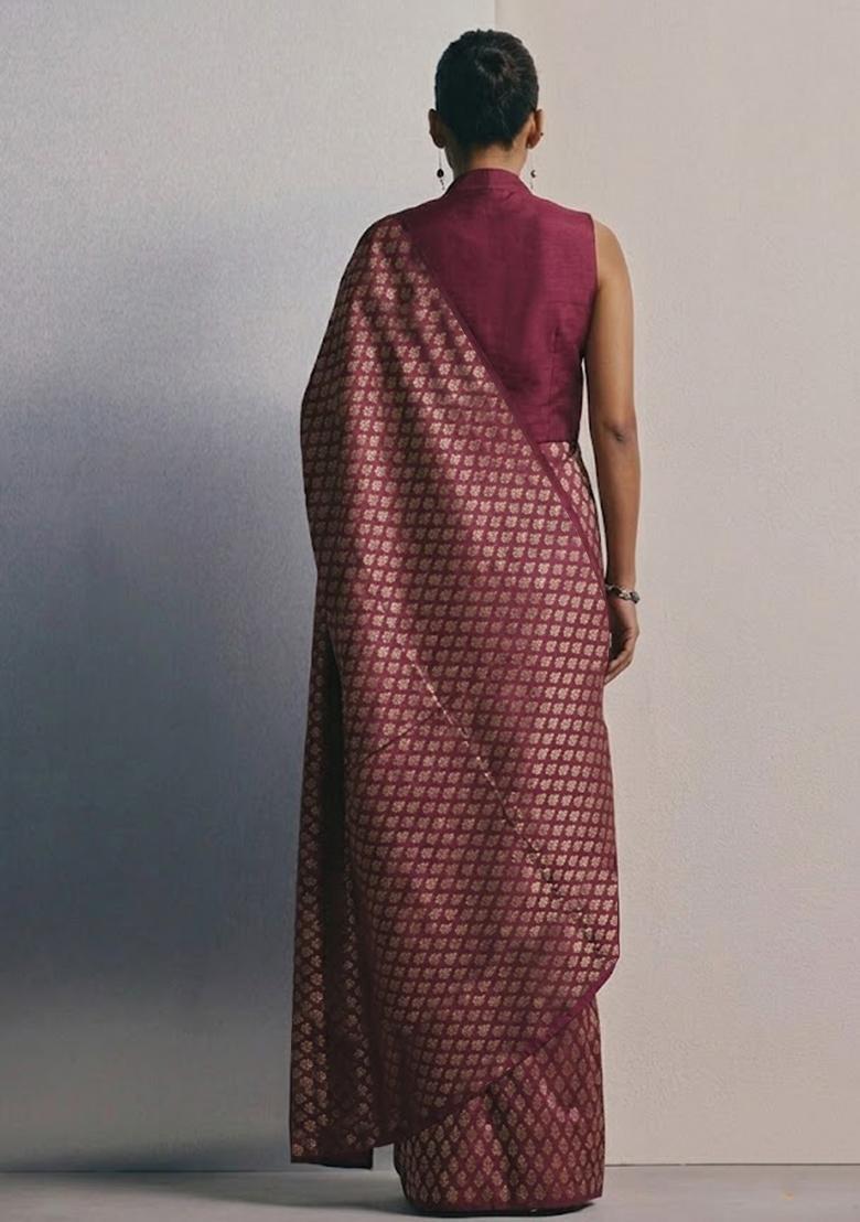 Maroon Brocade Pre Draped Saree Set - Indya