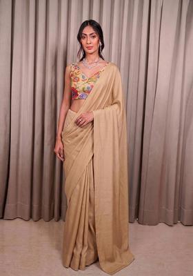 Beige Printed Crepe Pre Draped Saree Set