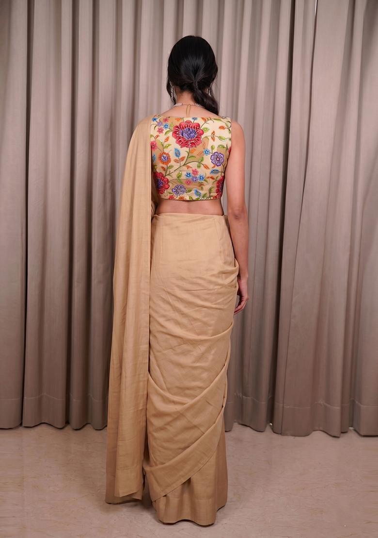Beige Printed Crepe Pre Draped Saree Set - Indya