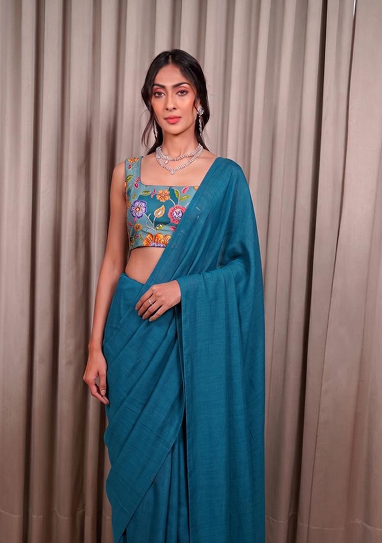 Teal Blue Printed Crepe Pre Draped Saree Set - Indya
