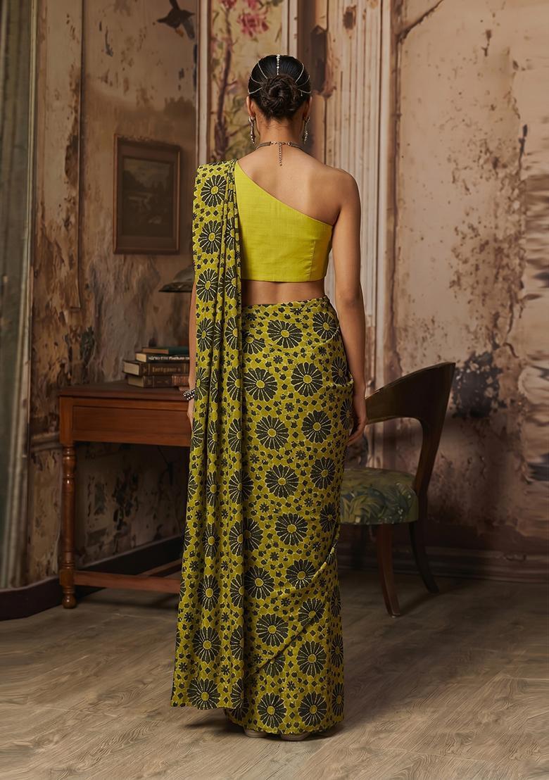 Lime Green Printed Satin Pre Draped Saree Set - Indya