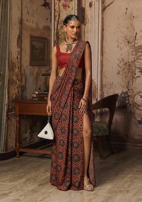 Maroon Printed Satin Pre Draped Saree Set
