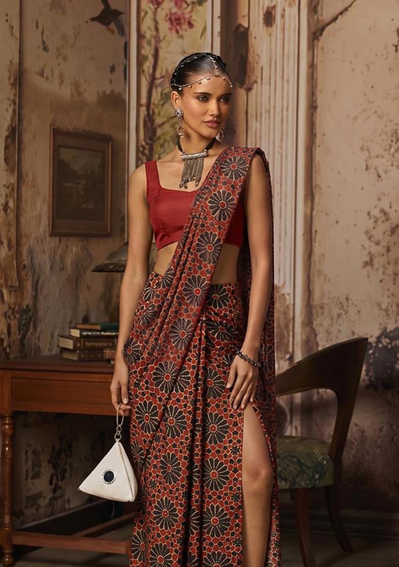 Maroon Printed Satin Pre Draped Saree Set - Indya