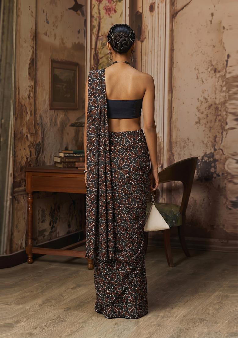 Dark Blue Printed Satin Pre Draped Saree Set - Indya