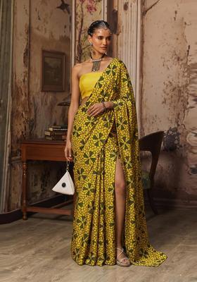 Mustard Printed Satin Pre Draped Saree Set