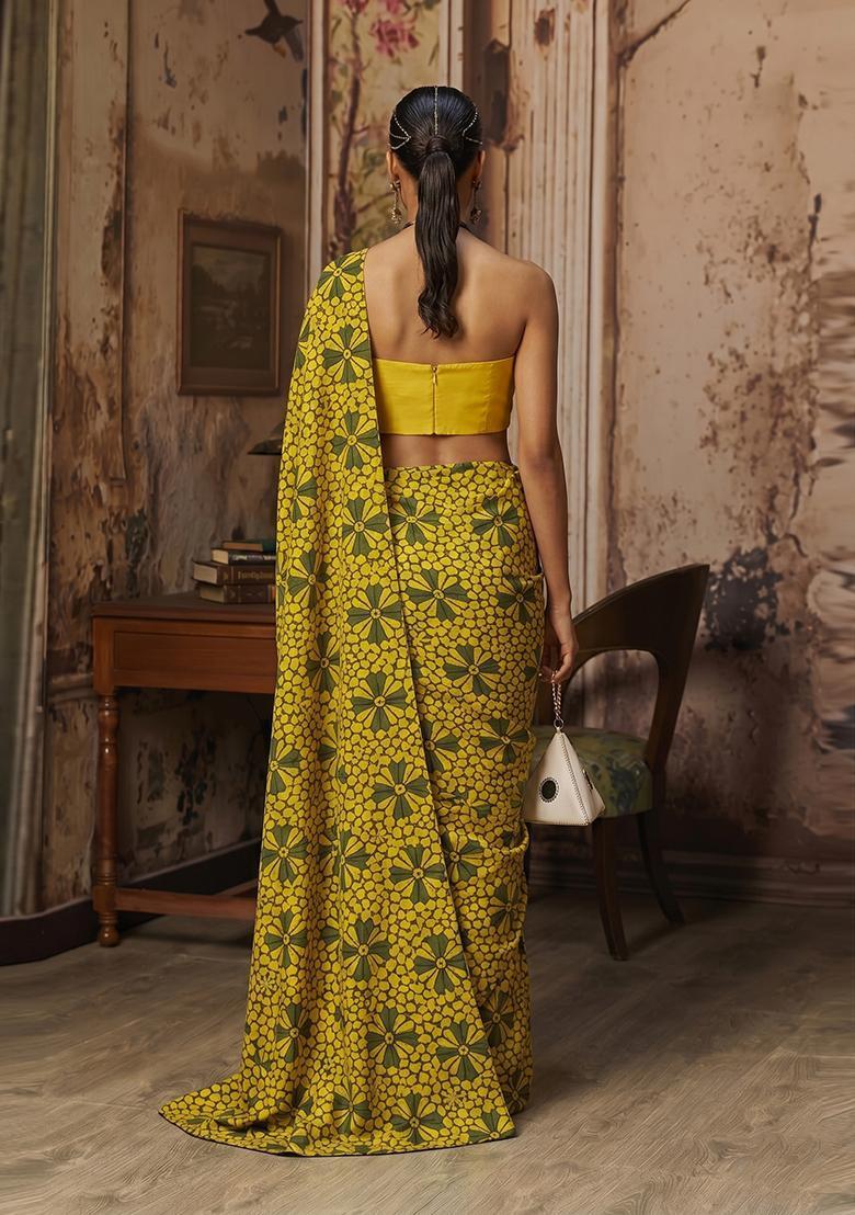 Mustard Printed Satin Pre Draped Saree Set - Indya