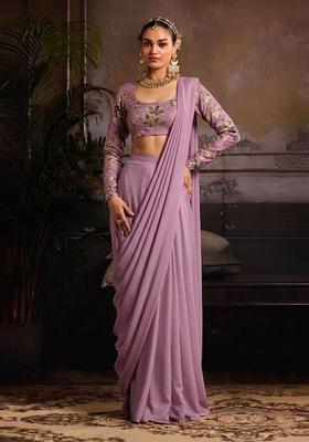 Lavender Embroidered Crepe Pre Draped Saree Set
