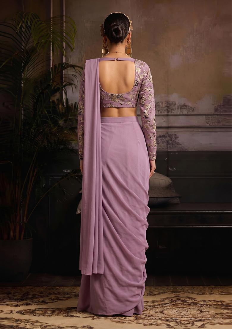 Lavender Embroidered Crepe Pre Draped Saree Set - Indya