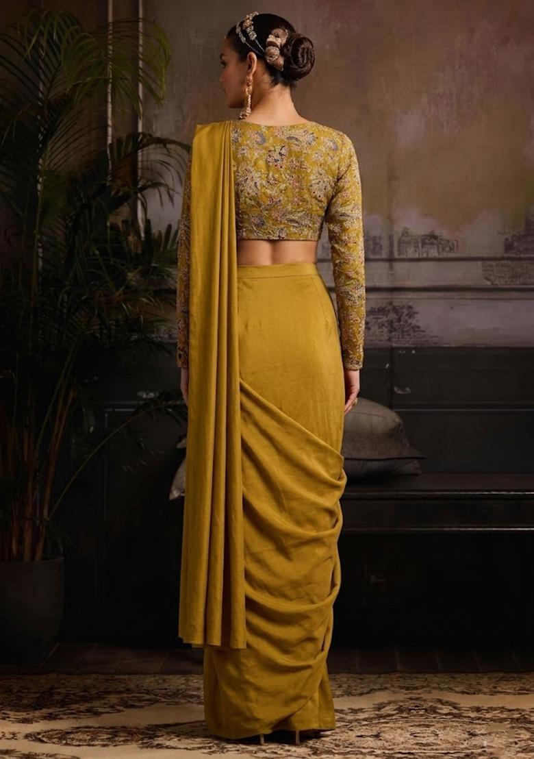 Mustard Embroidered Crepe Pre Draped Saree Set - Indya