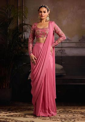 Pink Embroidered Crepe Pre Draped Saree Set