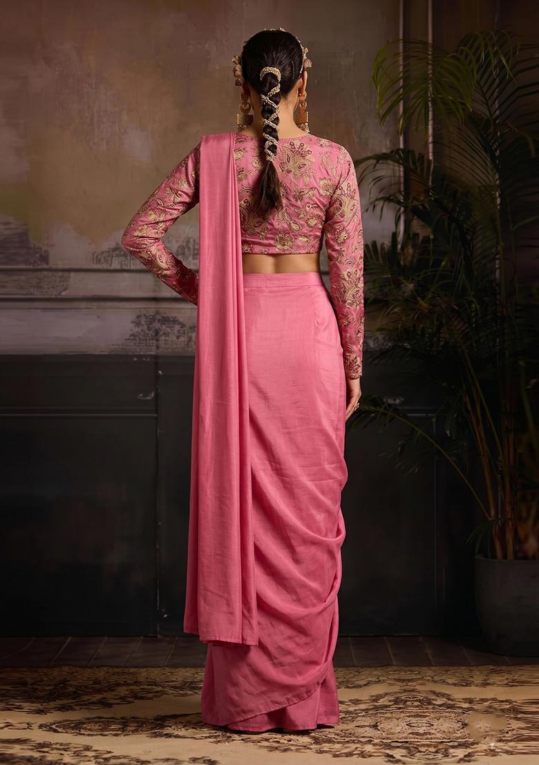 Pink Embroidered Crepe Pre Draped Saree Set - Indya