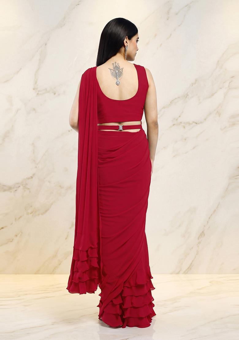 Maroon Embroidered Handwork Pre Draped Saree Set - Indya