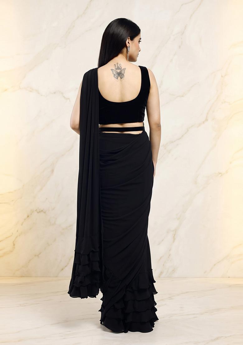 Black Embroidered Handwork Pre Draped Saree Set - Indya