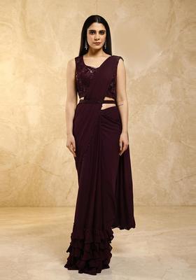 Dark Brown Embroidered Handwork Pre Draped Saree Set