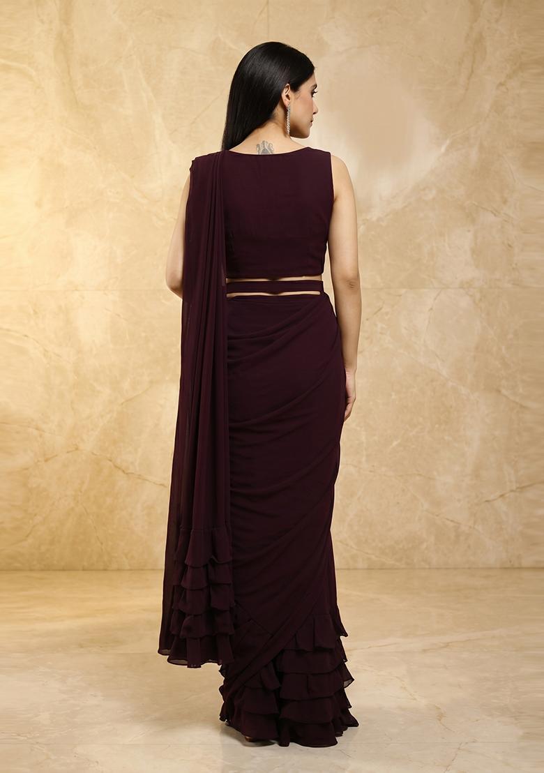 Dark Brown Embroidered Handwork Pre Draped Saree Set - Indya