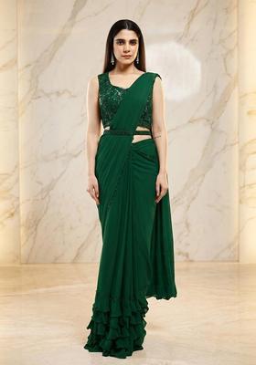 Emerald Green Embroidered Handwork Pre Draped Saree Set
