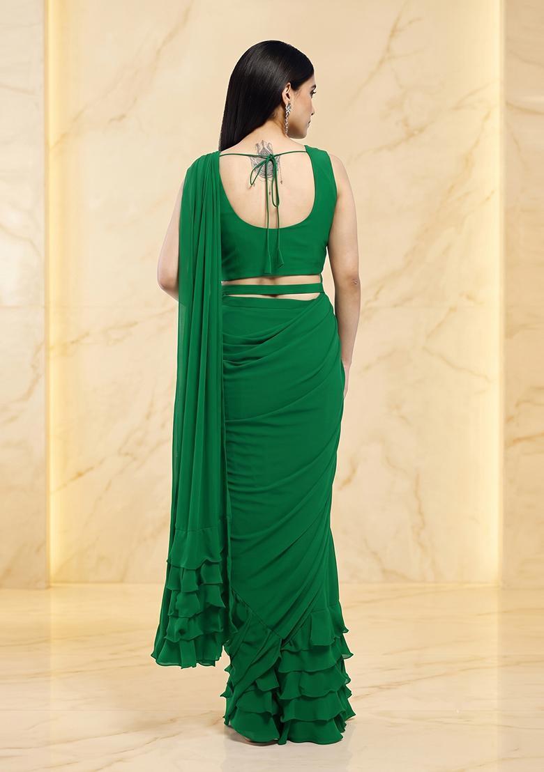 Emerald Green Embroidered Handwork Pre Draped Saree Set - Indya