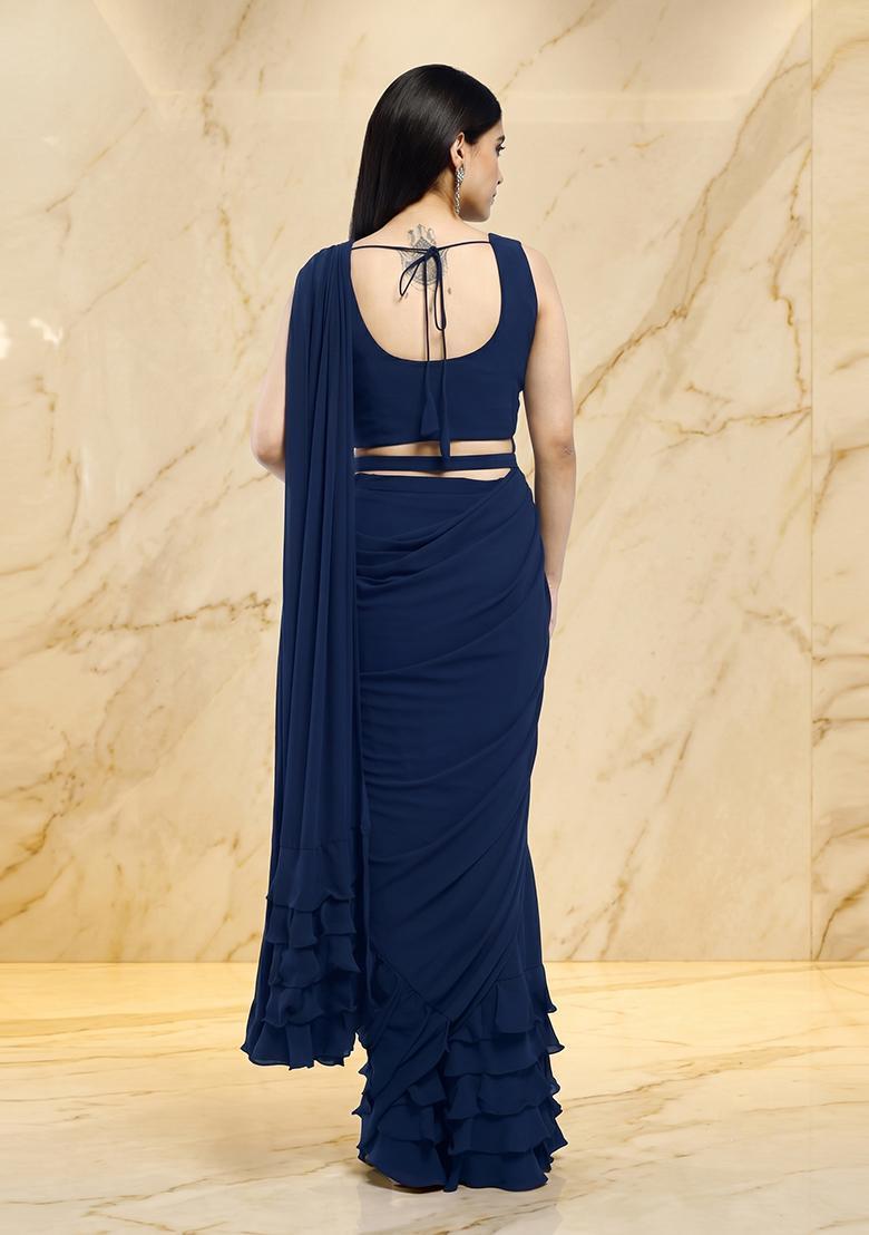 Navy Blue Embroidered Handwork Pre Draped Saree Set - Indya