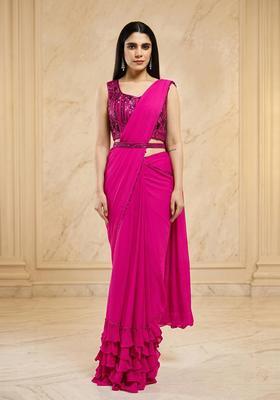 Magenta Embroidered Handwork Pre Draped Saree Set