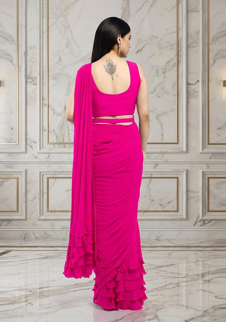 Magenta Embroidered Handwork Pre Draped Saree Set - Indya