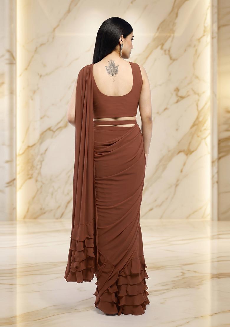 Chocolate Brown Embroidered Handwork Pre Draped Saree Set - Indya