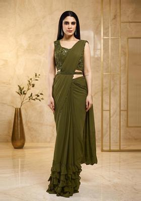 Olive Green Embroidered Handwork Pre Draped Saree Set